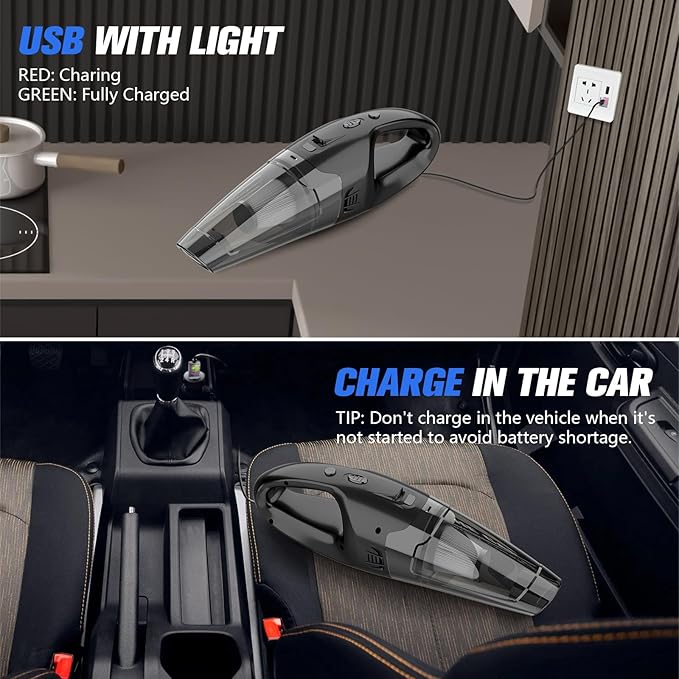 Handheld Vacuum Cordless Rechargeable 3-in-1, USB Charge, Car Vacuum with LED, HEPA Filter, 1.65LBs Lightweight Vacuum Cleaner for Dust, Pet Hair
